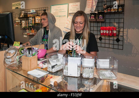 Individual marijuana joint is most popular item in marijuana dispensary.  Denver, CO Stock Photo