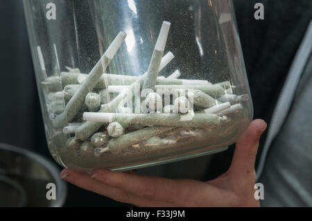 Individual marijuana joint is most popular item in marijuana dispensary.  Denver, CO Stock Photo