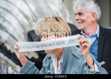 London, UK. 29th September, 2015. Emma Thompson (pictured), and Greenpeace UK Executive Director John Sauven, deliver a celebration speech to crowds outside Shell’s offices – in response to yesterday’s announcement by , the Anglo-Dutch oil major, Shell that it was pulling out of Arctic oil drilling. After speaking, Emma helped volunteer puppeteers move Aurora the double decker bus sized polar bear from in front of Shell’s front door. Credit:  Guy Bell/Alamy Live News Stock Photo