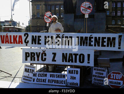 Some 100 people attended a rally that demanded the Czech Republic's leaving NATO and that was organised by the No to Bases group in the Wenceslas Square in the Prague centre, Czech Republic, on September 28, 2015. (CTK Photo/Martin Neliba) Stock Photo