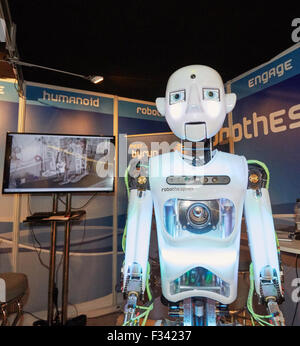 Hamburg, Germany. 29th Sep, 2015. The 'robothespian' robot type 'RT3' by the company 'Engineered Arts' is on display during the International Conference on Intelligent Robots and Systems (IROS) in Hamburg, Germany, 29 September 2015. PHOTO: GEORG WENDT/DPA/Alamy Live News Stock Photo