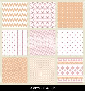 Set of geometric patterns in shades of pale pink. 9 samples. Stock Vector