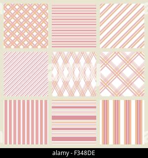 Set of patterns with stripes and cells in pale pink shades. 9 samples. Stock Vector