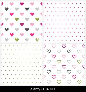 Set of four seamless patterns of hearts and polka dot pattern on white. Stock Vector