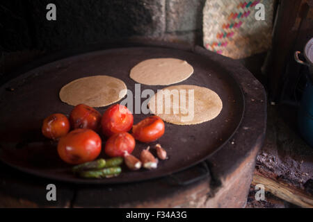 Corn tortillas, tomatoes and green chillies grilled in 'Tepetlixpa Seed Bank', created by Tomas Villanueva Buendia 'Tomaicito' to protect and rescue the original varieties of Mexican corn Stock Photo