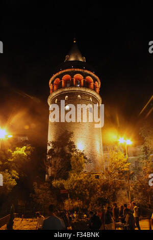 Istanbul, Turkey - September, 17, 2015: A night musical event on the street in front of the Galata tower, Istanbul. Stock Photo