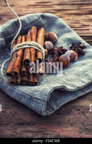 Bunch of cinnamon sticks and star anise on sackcloth in vintage style Stock Photo