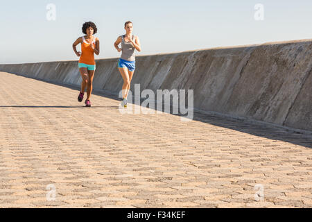 Two young women jogging together Stock Photo