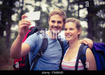 Young happy hikers taking a selfie Stock Photo