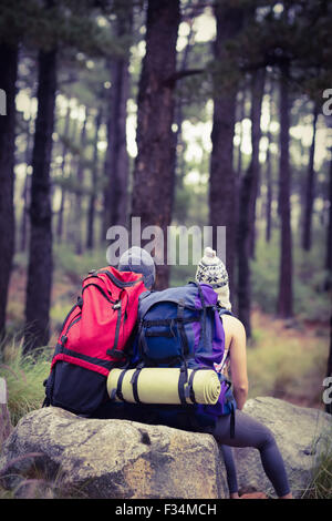 Rear view of a young happy hiker couple Stock Photo