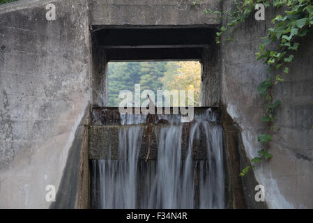 Waters streams over the spillway of a small concrete dam that blocks Hartman Creek and forms a small lake. Stock Photo