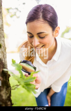 Beautiful brunette looking at plant through magnifying glass Stock Photo