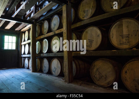 Oak barrels stacked with aging bourbon at Maker's Mark Bourbon distillery, Kentucky, USA Stock Photo