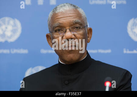 New York City, United States. 29th Sep, 2015. David Arthur Granger, President of the Republic of Guyana along with his Foreign Minister Carl Greenidge (not seen) a tended a Press Conference on the Dispute of border with Venezuela today at the UN Headquarters in New York City. Credit:  Luiz Rampelotto/Pacific Press/Alamy Live News Stock Photo