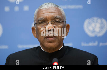 New York City, United States. 29th Sep, 2015. David Arthur Granger, President of the Republic of Guyana along with his Foreign Minister Carl Greenidge (not seen) a tended a Press Conference on the Dispute of border with Venezuela today at the UN Headquarters in New York City. Credit:  Luiz Rampelotto/Pacific Press/Alamy Live News Stock Photo