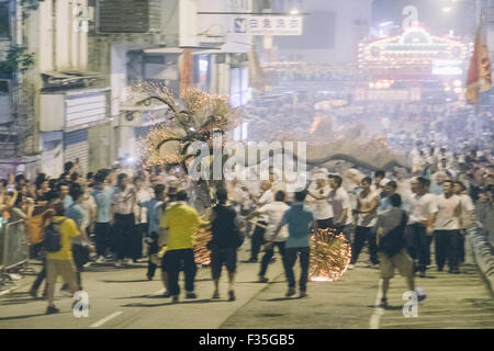 Hong Kong, China - Circa Sep 2015, Fire dragon dance celebration in Hong Kong during Mid autumn festival Stock Photo
