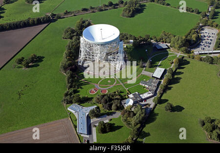 aerial view of Jodrell Bank radio telescope, Cheshire, UK Stock Photo