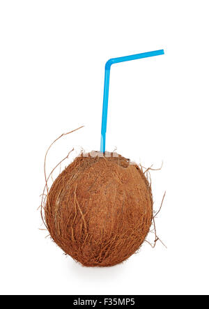 coconut cocktail with blue straw isolated on white background Stock Photo