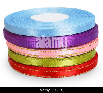 Bright spools satin ribbons isolated on white background Stock Photo