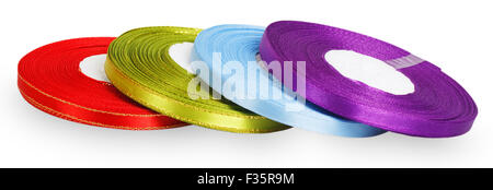 Bright spools satin ribbons isolated on white background Stock Photo