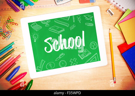 School against students desk with tablet pc Stock Photo