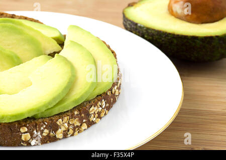 Avocado on toast placed on a white plate , Sliced on toast with a selective focus. half an avocado in the background room for co Stock Photo
