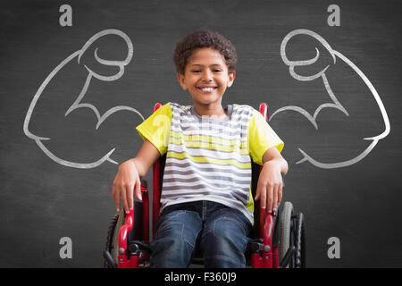 Composite image of cute disabled pupil smiling at camera in hall Stock Photo
