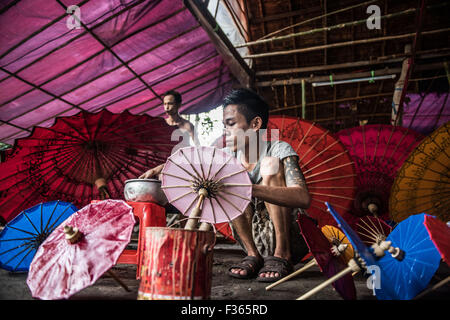 Umbrella making in pathein, myanmar Stock Photo