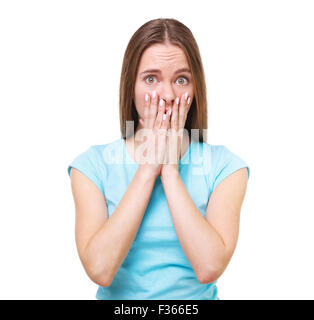Portrait of young surprised woman isolated on white background. Stock Photo