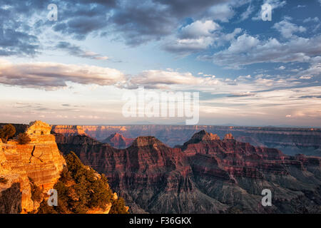 The warmth of last light on the North Rim of Arizona's Grand Canyon National Park from Bright Angel Point.