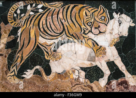 Rome. Italy. Capitoline Museum. Panel in opus sectile with tiger assaulting a calf. First half of 4th century AD Coloured marble Stock Photo