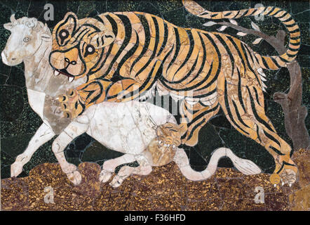 Rome. Italy. Capitoline Museum. Panel in opus sectile with tiger assaulting a calf. First half of 4th century AD Coloured marble Stock Photo