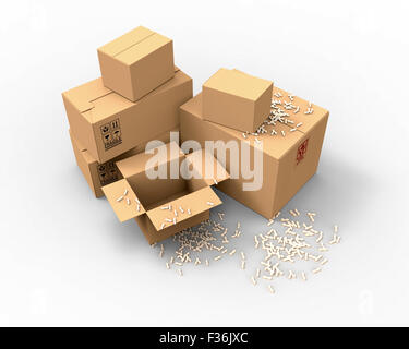 Multiple brown cardboard packing boxes in a variety of sizes stacked on on top of the other in a pile for storage, packaging for Stock Photo