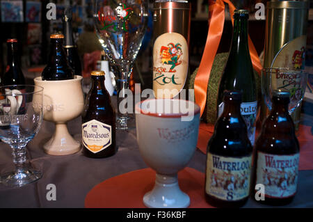 BEER IN BRUGES. Selection of specialty beers in a shop window in the old town, Bruges, Belgium. Belgium has more than 400 differ Stock Photo
