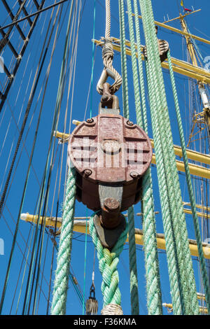 Sea hemp ropes and pulleys Stock Photo
