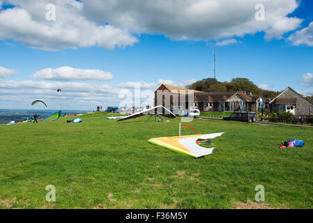 Hang Gliders being prepared for action at the Devils Dyke pub north of Brighton, East Sussex, UK Stock Photo