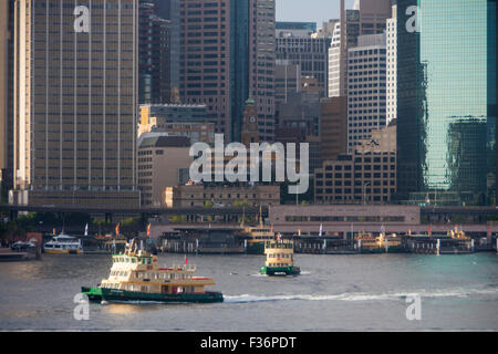 Sydney ferries Alexander and Charlotte departing Circular Quay with city skyline CBD skyscrapers in background Sydney New South Stock Photo