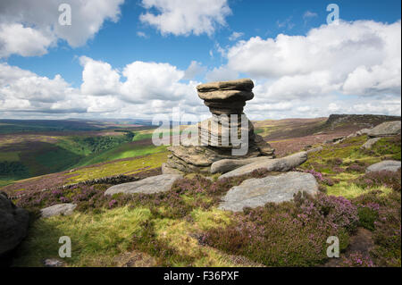 The Salt Cellar Rock Formation on Derwent Edge in summer with Heather, Peak District National Park, Derbyshire, England, Stock Photo