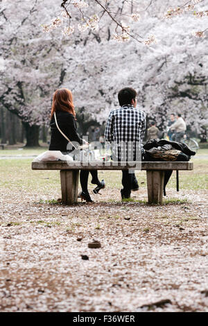 Couple sitting under cherry blossom branch people riding bicycles in background Stock Photo