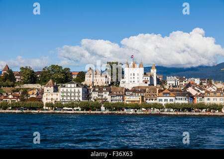 Waterfront view of the town of Nyon on Lake Geneva, Switzerland Stock Photo