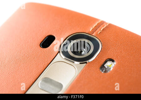 Closeup of Smartphone Camera Module on the back, isolated on white. Stock Photo