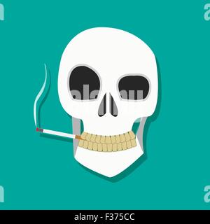 Human smoker skull hold cigarette on mouth with dirty teeth in flat icon style, smoker icon Stock Vector