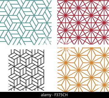 Collection of four color star and cube in geometric line style vector patterns Stock Vector