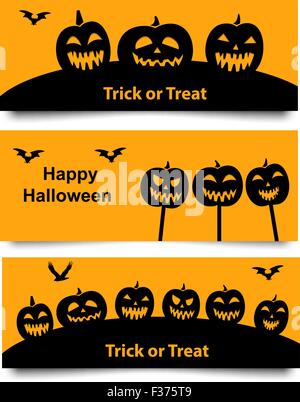 Set of Website spooky header and banner with Halloween pumpkin and bat. isolated object Stock Vector