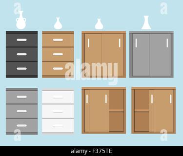 Set of cabinet in flat style and white silhouette vase. isolated object Stock Vector