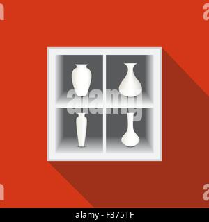 Interior icon, Furniture icon, ornament icon. Four White vase on wall cabinet Stock Vector