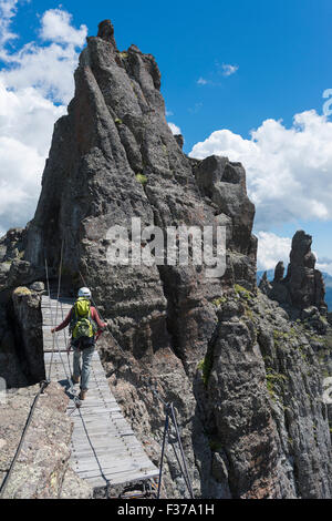 Woman crossing a rope bridge, Via Ferrata delle Trincee, Dolomites, Alps, Trentino-Alto Adige, Province of South Tyrol, Italy Stock Photo