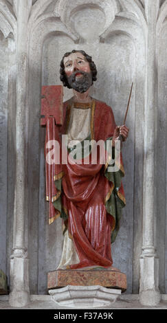 Apostle Bartholomew, Gothic wooden sculpture, parish church of St. Mauritius, Spitz, Wachau, Waldviertel, Lower Austria, Austria Stock Photo