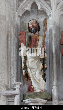 Jude the Apostle Gothic wooden sculpture, parish church of St. Mauritius, Spitz, Wachau, Waldviertel, Lower Austria, Austria Stock Photo