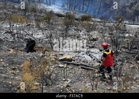 Firefighter, fighting fire, forest fires in Castellar, Maritime Alps, Provence-Alpes-Côte d'Azur, France,